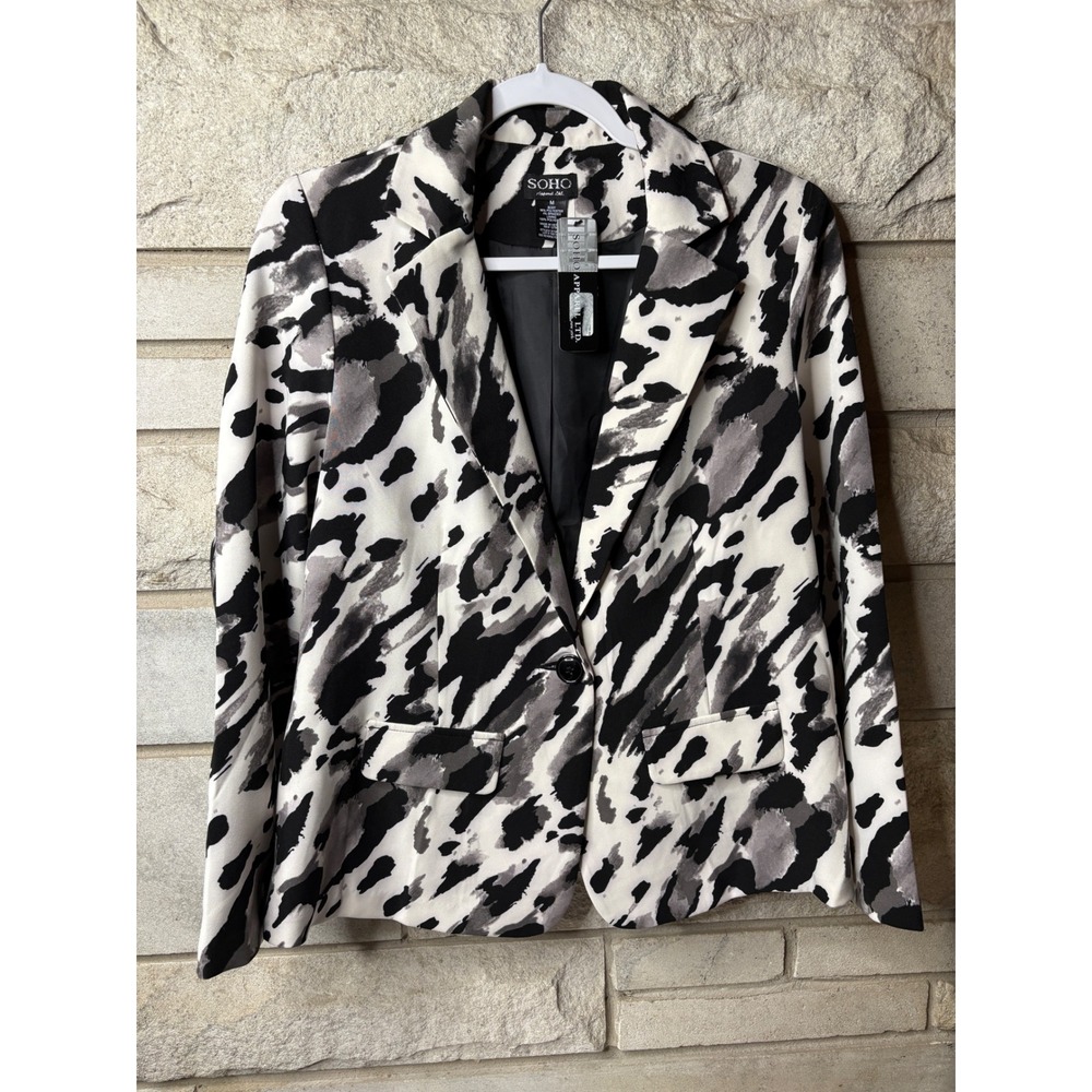 SOHO Apparel Ltd Womens Abstract Animal Print Blazer Black White Grey Size M
